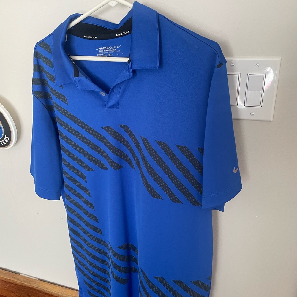 Nike Men's Blue and Black Striped Polo Shirt Dri-Fit